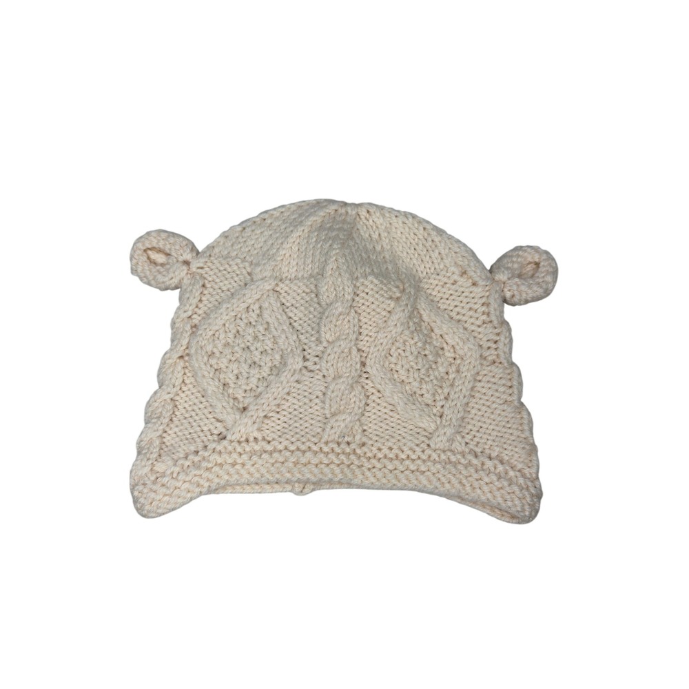 Aran Woollen Mills Beanie Baby Kids Cream Handknit Merino Wool Bear Ears Beanie